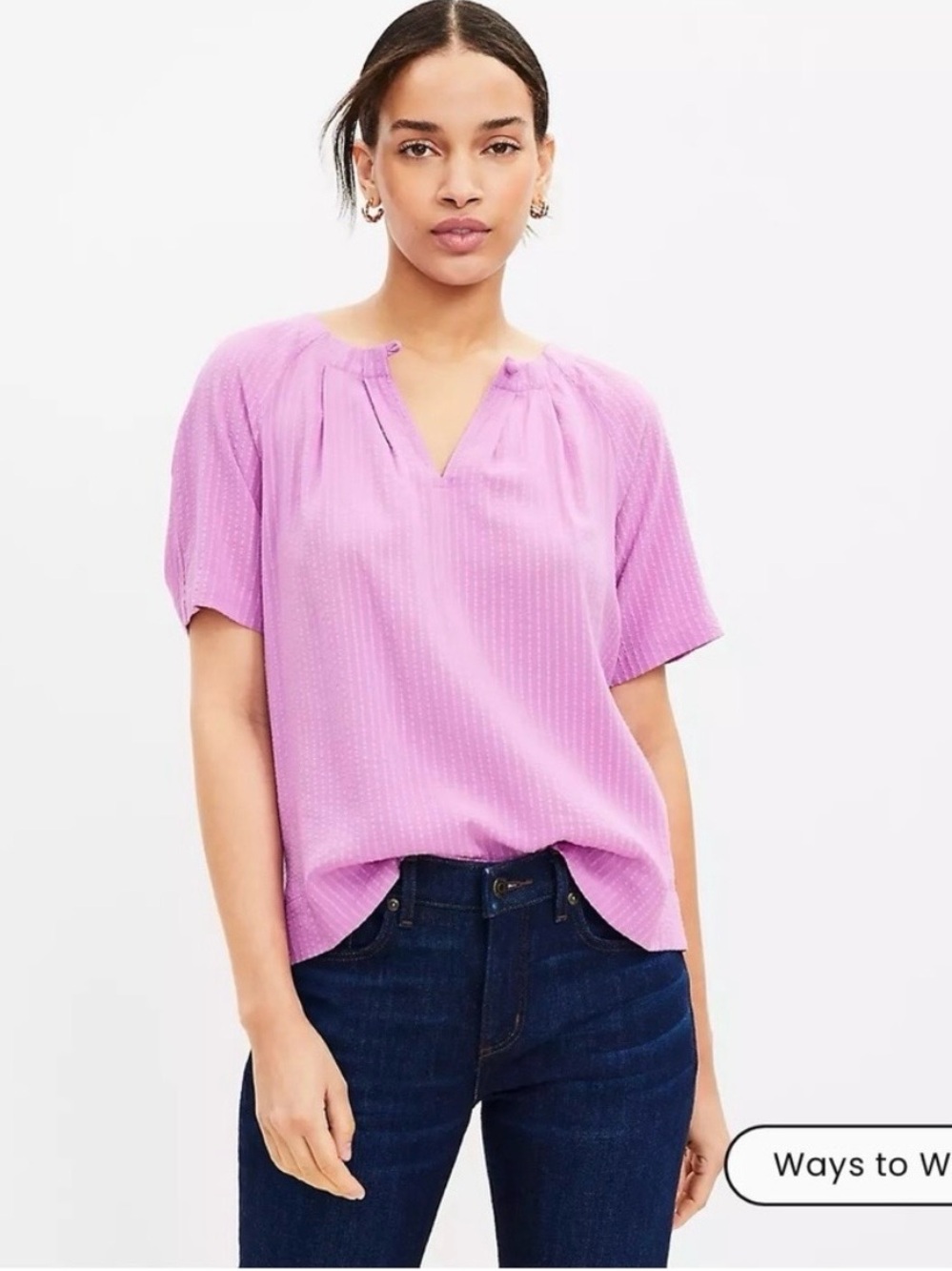 LOFT Lilac Short-Sleeve Seersucker-Like Blouse with Sleeve Detail-XL